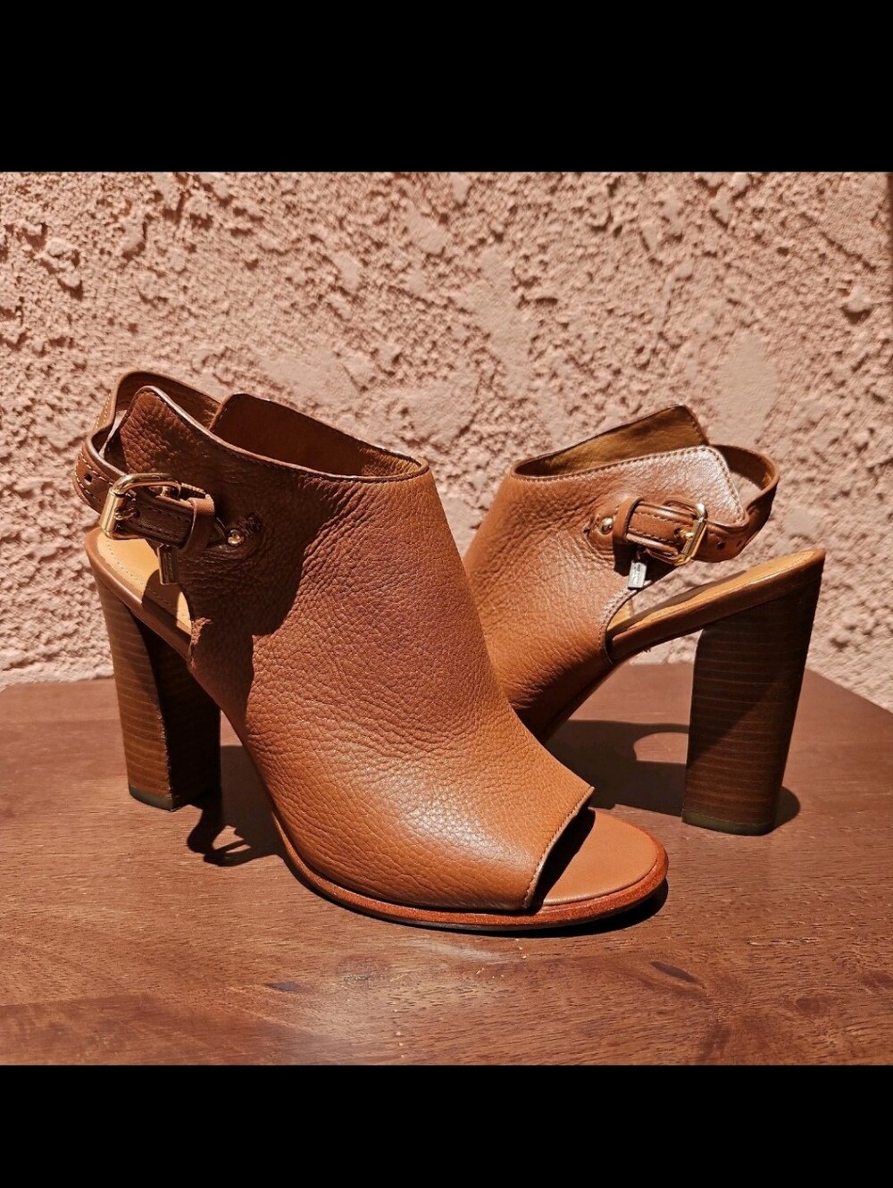 Coach Leanna Saddle Brown Leather Block Heel Sandals Open Toe Size 8B